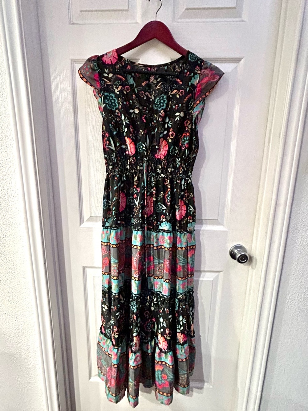 Me2 Magic Floral Maxi Dress - Black with Teal & Coral Accents